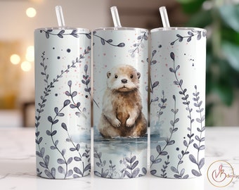 Otter Tumbler Wrap PNG 20 oz Skinny Tumbler Sublimation Designs Download Watercolour Animals Tumbler Seamless Design PNG