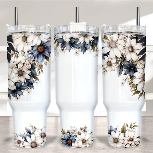 Daisy 40oz Tumbler Wrap Sublimation PNG, Floral 40oz Tumbler PNG, 40oz Sublimation Design, Seamless Floral 40oz Quencher, Add Name Tumbler