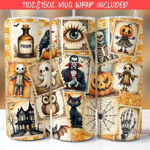 Diseños de sublimación PNG para envoltorios de vasos con sellos de Halloween, PNG para vasos de otoño, envoltorios de tazas de Halloween
