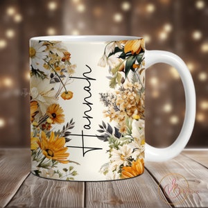 Floral Coffee Mug Sublimation Designs, Add Name Mug Wrap PNG, 11 oz Mug Wrap, 15 oz Mug Wrap, Flowers Mug Wrap Sublimation, Add Text Mug PNG