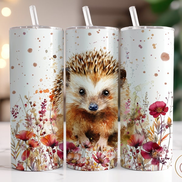 Hedgehog Tumbler Wrap PNG 20 oz Skinny Tumbler Sublimation Designs Digital Download, Animal Tumbler Design PNG, Floral Tumbler PNG