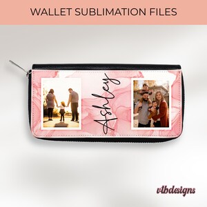 May include: Black wallet with a pink and white watercolor design. The wallet features two photo inserts and the name "Ashley" in cursive. The top of the wallet reads "WALLET SUBLIMATION FILES".
