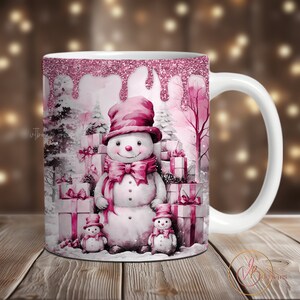 Snowman Christmas Mug Sublimation Design Xmas Mug Wrap PNG, 11 oz Mug Wrap, 15 oz Mug Wrap Sublimation Christmas PNG, Pink Winter Wrap