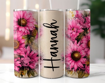 Add Your Own Text Tumbler Wrap PNG, 20oz Skinny Tumbler Sublimation Designs, Pink Sunflower Tumbler PNG, Digital Download PNG File