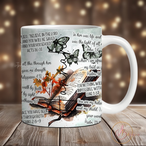 Verset de la Bible Design en Sublimation de tasse chrétienne, emballage de tasse de foi PNG, emballage de tasse de 11 oz, emballage de tasse de 15 oz, sublimation d'emballage de tasse chrétienne, ajout de tasse de texte