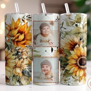 Involucro per bicchiere fotografico in formato PNG, disegni per sublimazione per bicchieri sottili da 20 once, modello per bicchiere fotografico, involucro per bicchiere a forma di girasole, bicchiere fotografico