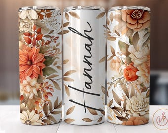 Custom Name Floral Tumbler Wrap | Personalized Skinny Tumbler Wrap PNG | Floral Sublimation Design