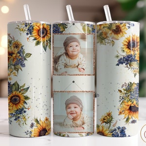 Involucro per bicchiere fotografico in formato PNG, disegni per sublimazione per bicchieri sottili da 20 once, modello per bicchiere fotografico, involucro per bicchiere a forma di girasole, bicchiere fotografico