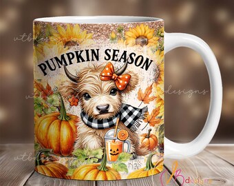 Highland Cow Mug Wrap, Pumpkin Cow Mug Sublimation Design, 11oz & 15oz Mug Template, Mug Wrap Template PNG, Digital Download