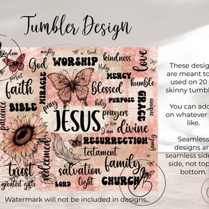 Puede incluir: Un dise&ntilde;o digital rosa y melocot&oacute;n con una variedad de palabras y frases cristianas, incluyendo "Jes&uacute;s", "Adoraci&oacute;n", "Fe", "Gracia", "Amor", "Biblia", "Familia" y "Iglesia". El dise&ntilde;o tambi&eacute;n incluye mariposas y girasoles.