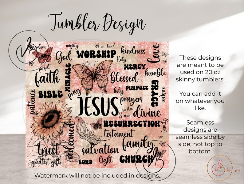 Puede incluir: Un dise&ntilde;o digital rosa y melocot&oacute;n con una variedad de palabras y frases cristianas, incluyendo "Jes&uacute;s", "Adoraci&oacute;n", "Fe", "Gracia", "Amor", "Biblia", "Familia" y "Iglesia". El dise&ntilde;o tambi&eacute;n incluye mariposas y girasoles.