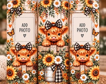Highland Cow Photo Tumbler Wrap PNG, Add Your Own Photo 20oz Skinny Tumbler Sublimation Design, Sunflower Cow Digital Download