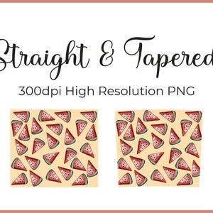 May include: Two digital seamless patterns featuring watermelon slices on a light yellow background. The pattern on the left has straight edges, while the pattern on the right has tapered edges.