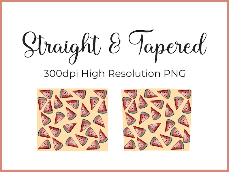 May include: Two digital seamless patterns featuring watermelon slices on a light yellow background. The pattern on the left has straight edges, while the pattern on the right has tapered edges.