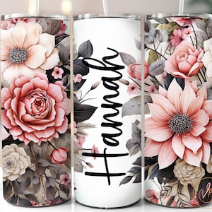Aggiungi il tuo nome Tumbler Wrap PNG, Disegni a sublimazione per Tumbler sottile da 20 once, Tumbler floreale PNG, File PNG per download digitale, Tumbler rosa