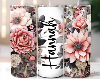 Personalize seu copo térmico com adesivo personalizado em PNG, design para sublimação em copo térmico fino de 590ml, estampa floral em PNG, arquivo PNG para download digital, copo térmico rosa.