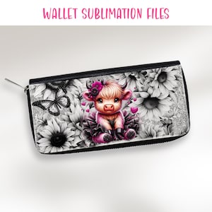 May include: A black wallet with a white and gray floral design featuring a pink cow with a black bow. The cow is sitting in a field of sunflowers.