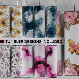 May include: Five free tumbler designs featuring watercolor floral patterns, abstract designs, and a butterfly design.  The designs are printed on white tumblers with a stainless steel finish.