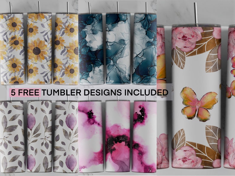 May include: Five free tumbler designs featuring watercolor floral patterns, abstract designs, and a butterfly design.  The designs are printed on white tumblers with a stainless steel finish.