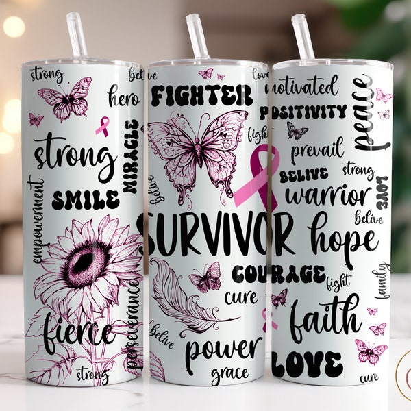 Brustkrebs Bewusstsein Affirmationen Tumbler Wrap PNG Pink Ribbon 20 Unzen Skinny Tumbler Sublimation Designs Digital Download Tumblers Vorlage