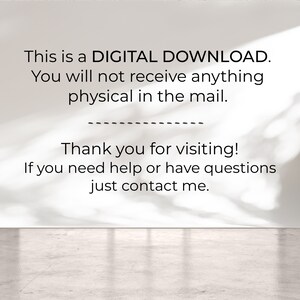 Puede incluir: Texto en una pared blanca con una sombra detr&aacute;s. El texto dice: "Esta es una DESCARGA DIGITAL. No recibir&aacute;s nada f&iacute;sico por correo. &iexcl;Gracias por tu visita! Si necesitas ayuda o tienes preguntas, contacta conmigo."
