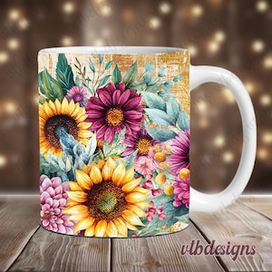 Floral Mug Wrap PNG Sublimation Designs, Flowers Mug Template 11oz Mug Wrap, 15oz Mug Wrap, Digital Download, Retro Coffee Mug Png