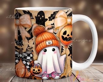 May include: White ceramic mug with a Halloween-themed design. The design features a ghost wearing an orange hat and holding a jack-o'-lantern. There are also pumpkins, bats, and bows in the design.