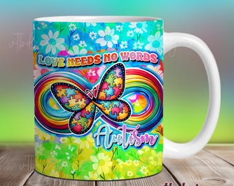 Envoltura para taza de café con autismo PNG, diseños de sublimación de tazas, envoltura para taza de 11 oz, envoltura para taza de 15 oz, plantilla de taza con autismo para sublimación, descarga digital