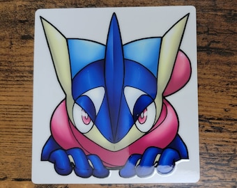May include: A blue and pink cartoon character with a large fin on its head, peering over a white surface. The character has red eyes and a pink scarf.