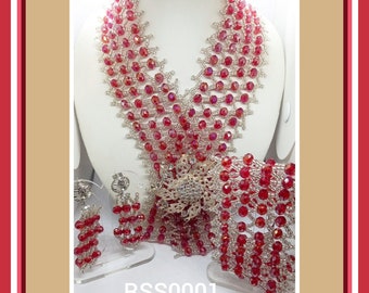 Collier dentelle dorée Swarovski rouge et argent avec bracelet et boucles d'oreilles (RSS0001)