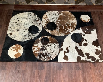 EXACT TO PICTURE Cowhide Patchwork Rug, Handmade Leather Patchwork Cowhide Rug, Tricolor Cowhide Rug, Animal Hide Rug Large Cowhide Area Rug