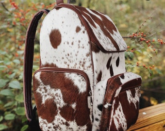 Natural Cowhide Diaper Backpack Bag | Real Cowhide Backpack Brown and White | Leather Cowhide Backpack | Rucksack Bag | Western Travel Bag