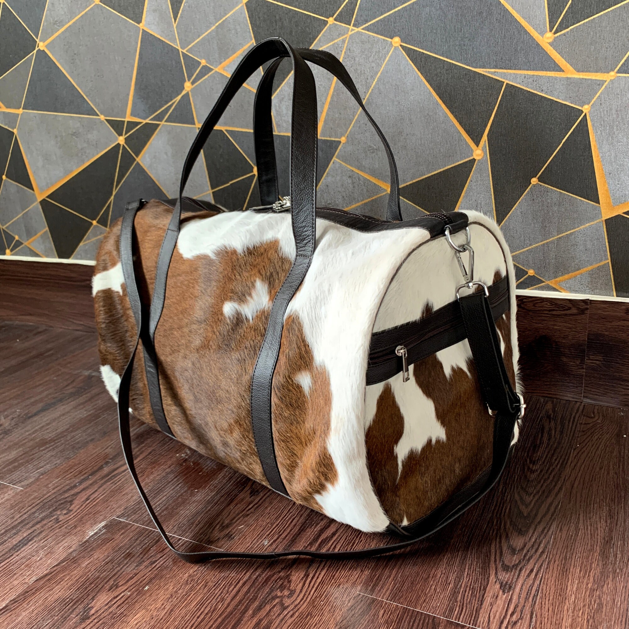 COWHIDE LEATHER DUFFLE Bag Handmade Cowhide Weekender Bag Etsy