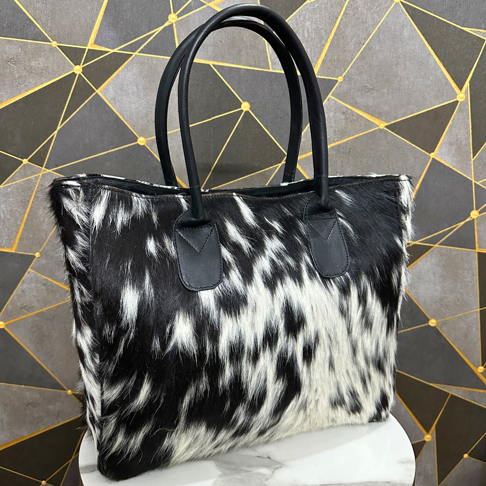 The Highlands Genuine Cowhide Tote Handbag Black White · Ranch