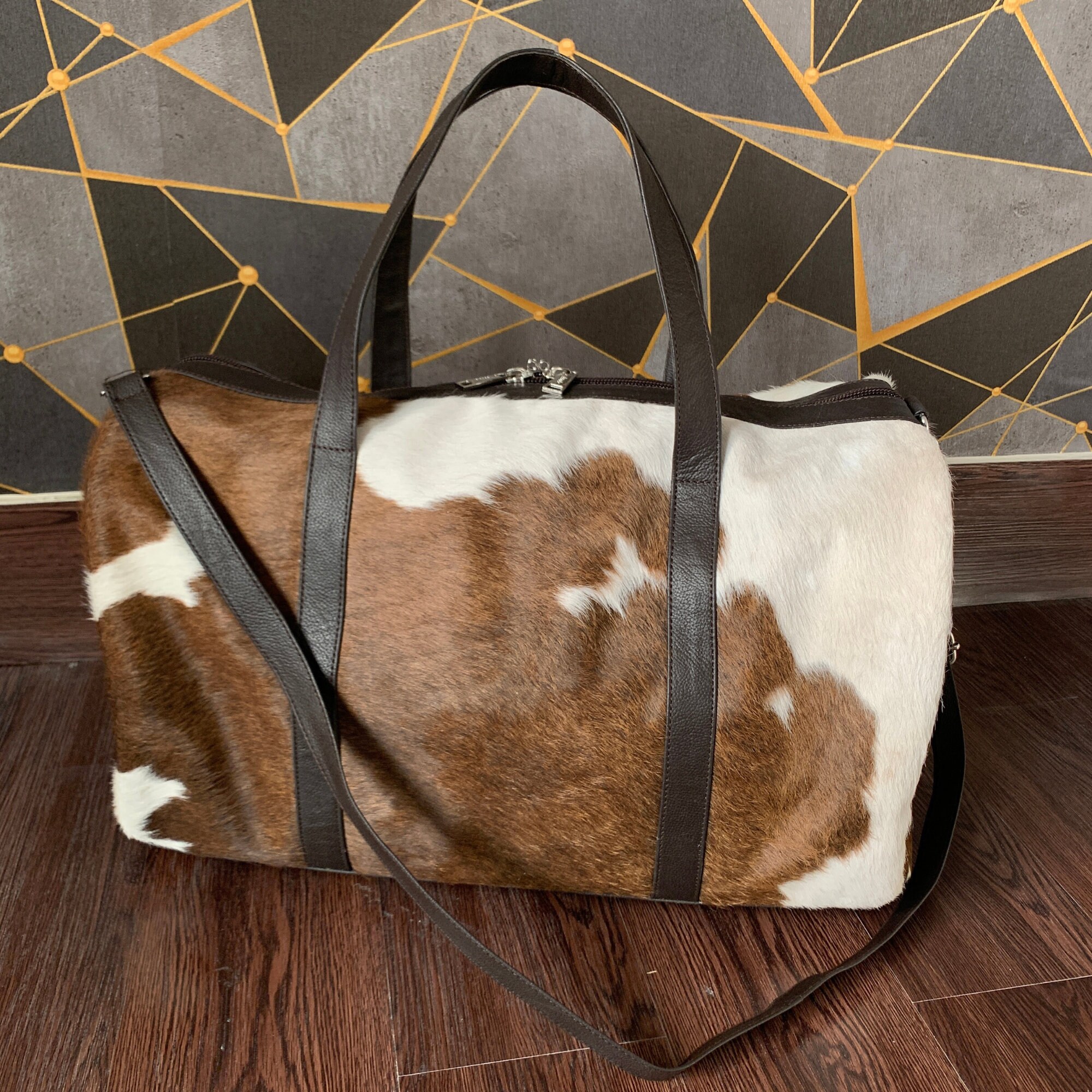 COWHIDE LEATHER DUFFLE Bag Handmade Cowhide Weekender Bag Etsy