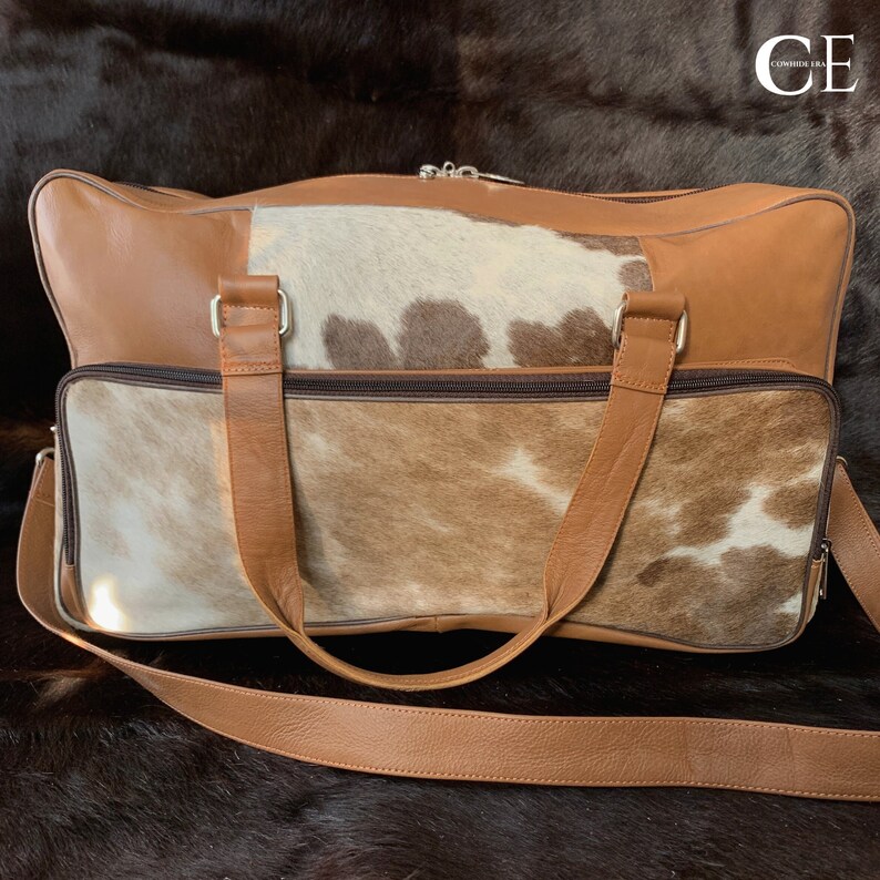 REAL COWHIDE DUFFLE Bag With Free Gift Brown White Cowhide Etsy