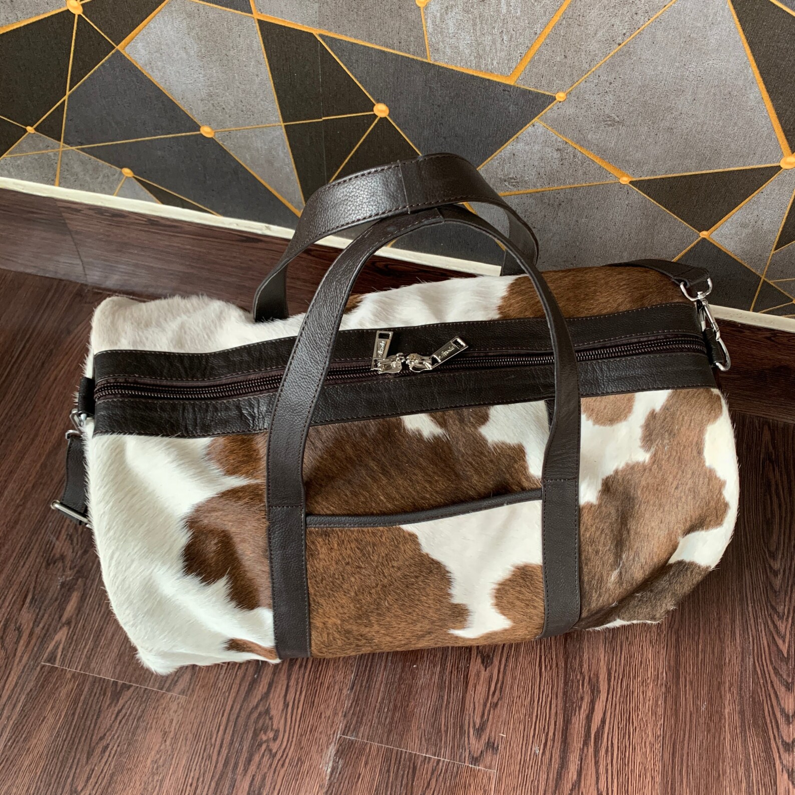 COWHIDE LEATHER DUFFLE Bag Handmade Cowhide Weekender Bag Etsy