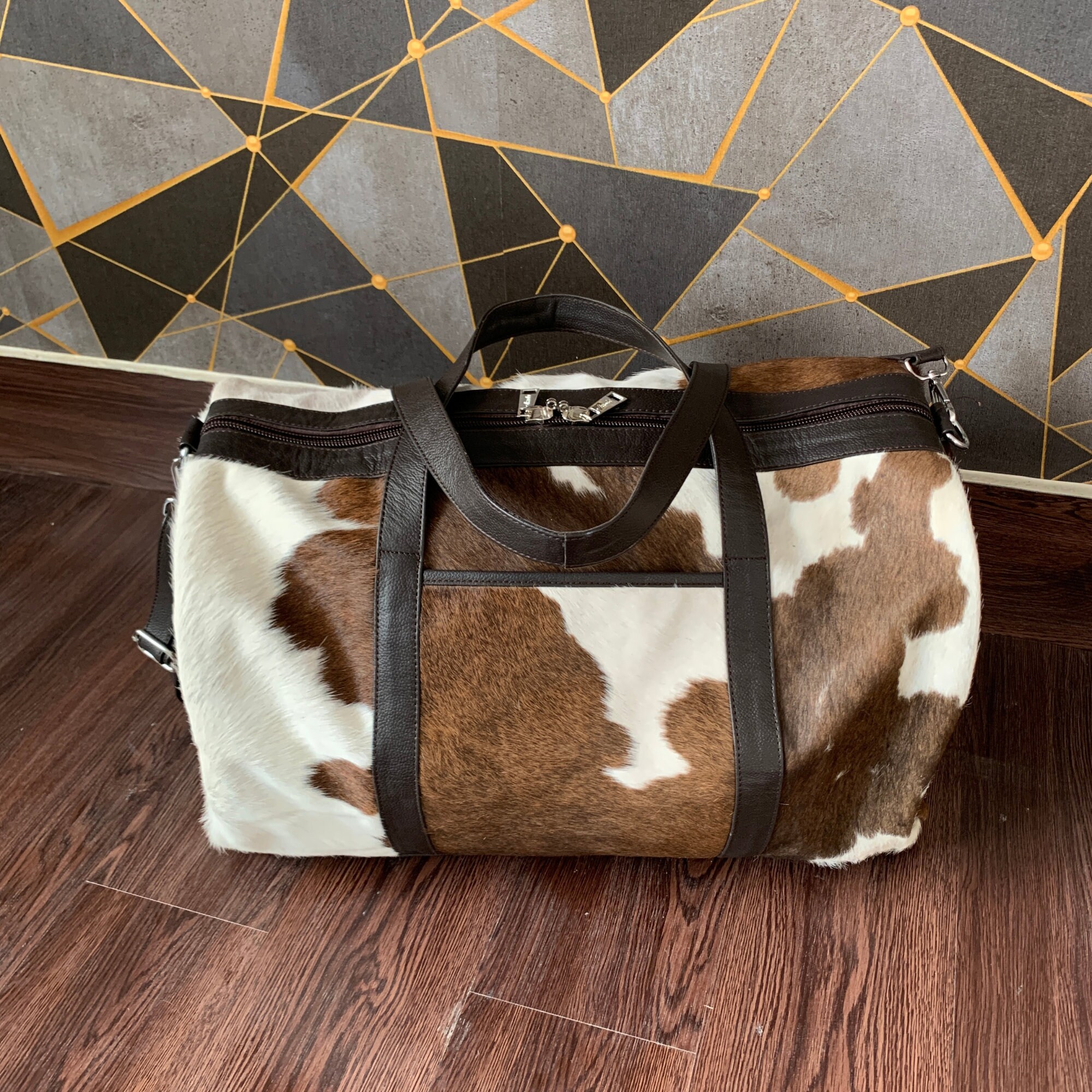 COWHIDE LEATHER DUFFLE Bag Handmade Cowhide Weekender Bag Etsy