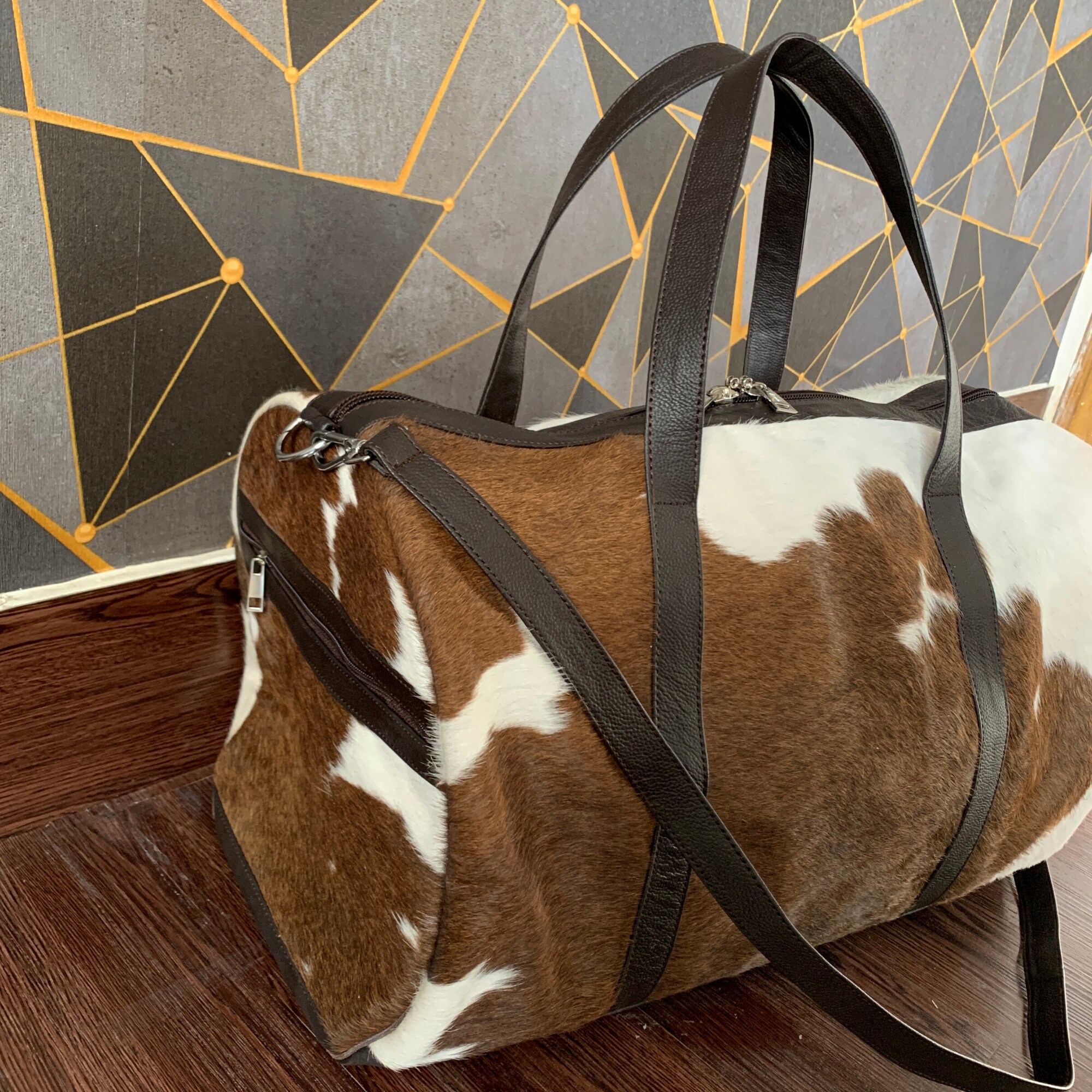 COWHIDE LEATHER DUFFLE Bag Handmade Cowhide Weekender Bag Etsy