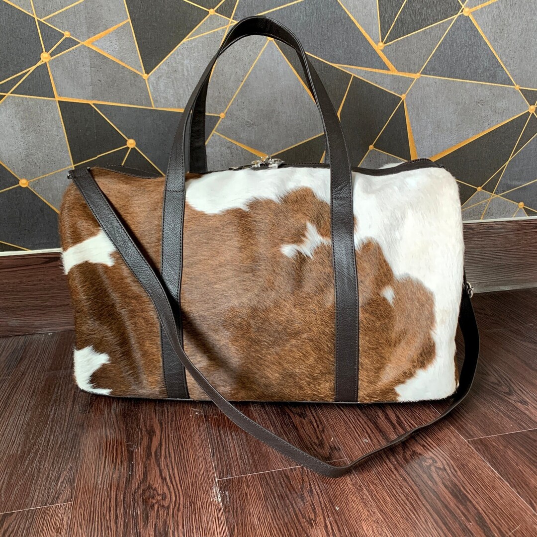 COWHIDE LEATHER DUFFLE Bag Handmade Cowhide Weekender Bag Etsy