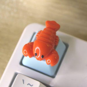以下が含まれることがあります： 明るいオレンジ色の立体的なロブスターのフィギュアが、水色のメカニカルキーボードのキーキャップに取り付けられています。このキーキャップは、黒い文字が印字された標準的な英数字キーとファンクションキーを備えた白いコンピューターキーボードに装着されています。