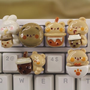 Kawaii Bear Character Keycaps, Boba Keycap, Bunny Keycap, animal keycaps, cute keycaps - 1pc