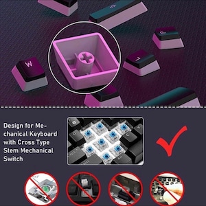 May include: Close-up of mechanical keyboard keycaps in black and white, with a cross-type stem. The keycaps are scattered on a purple surface. The image also shows a close-up of the keyboard switches.