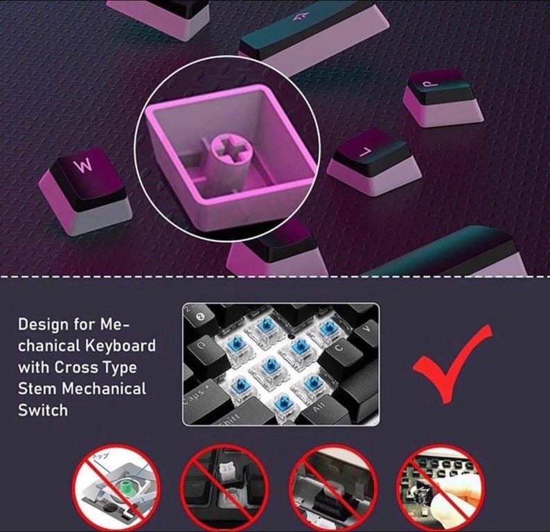 May include: Close-up of mechanical keyboard keycaps in black and white, with a cross-type stem. The keycaps are scattered on a purple surface. The image also shows a close-up of the keyboard switches.