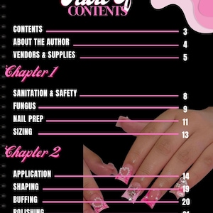May include: Table of contents for a nail art guide with chapters on sanitation and safety, fungus, nail prep, sizing, application, shaping, buffing, polishing, and certification. The image also shows a hand with pink and white nail art.