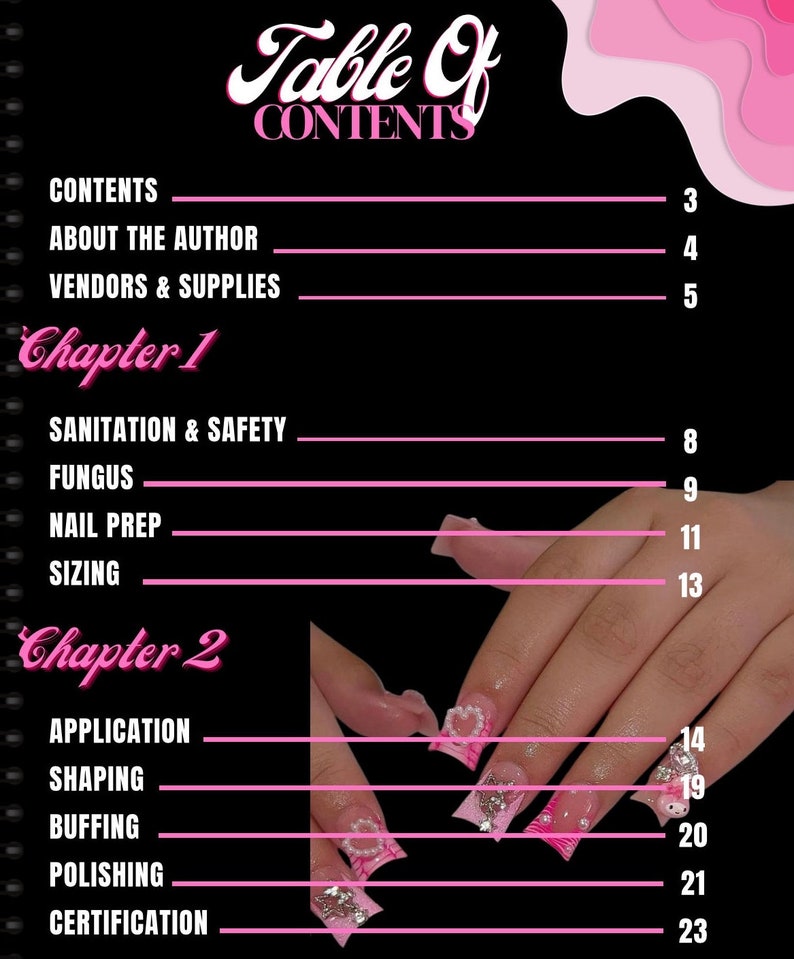 May include: Table of contents for a nail art guide with chapters on sanitation and safety, fungus, nail prep, sizing, application, shaping, buffing, polishing, and certification. The image also shows a hand with pink and white nail art.