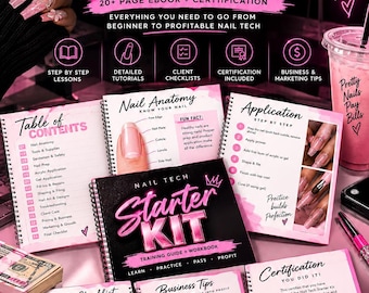 May include: A Nail Tech Starter Kit training guide and workbook set featuring a 20-page ebook, certification, client checklists, and business tips. The materials include pink and black branding with text such as The Ultimate Nail Tech Starter Kit.