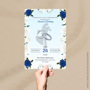 Elegant Wedding Invitation Canva Template | Editable Digital Download | Instant Access | Royal Blue| DIY Wedding Invite