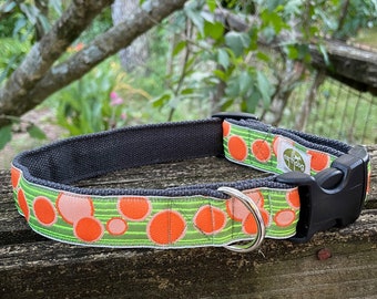 Hemp dog collar adjustable, mid century, mod orange & green, hypoallergenic, eco-friendly, earth friendly, machine wash, vegan, new dog gift