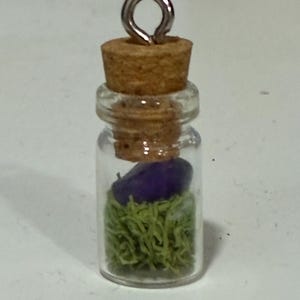 Könnte beinhalten: Ein Miniatur-Anhänger aus klarem Glas mit einem Korkstopfen, der oben mit einer silberfarbenen Metallöse versehen ist. Im Inneren der Flasche liegt ein kleiner, glatter violetter Stein auf einem Bett aus hellgrünem Material.